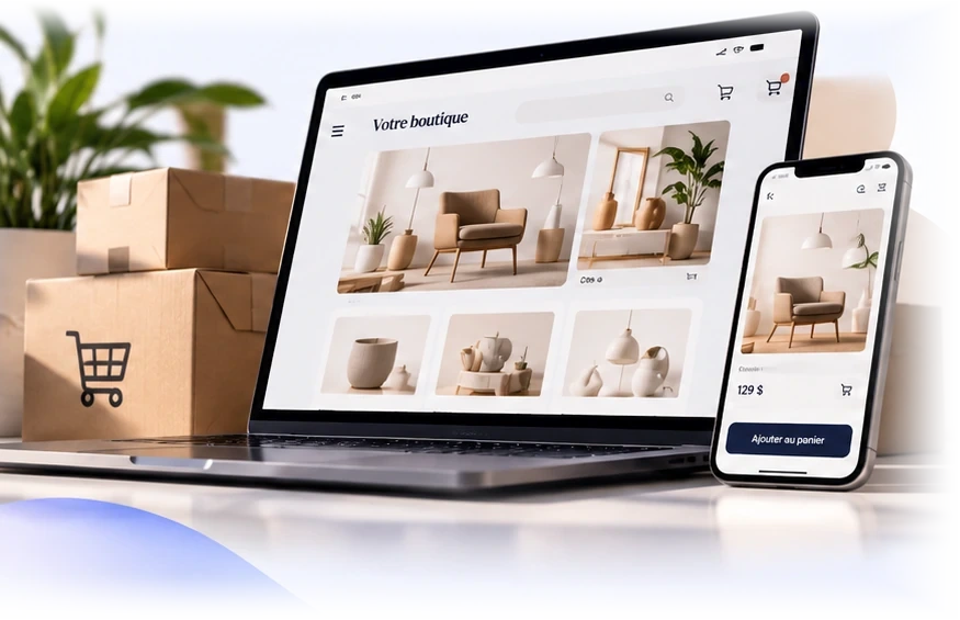 Boutique en ligne présentée sur un ordinateur et un téléphone, entourés de colis