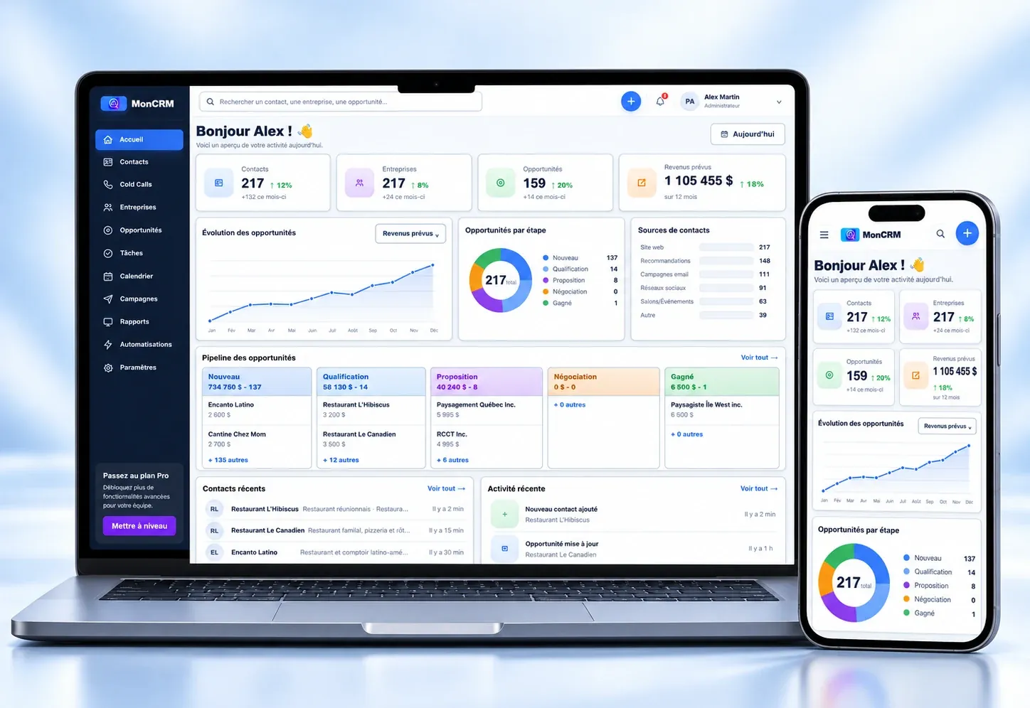 Aperçu de l’application CRM MonCRM sur ordinateur portable et mobile