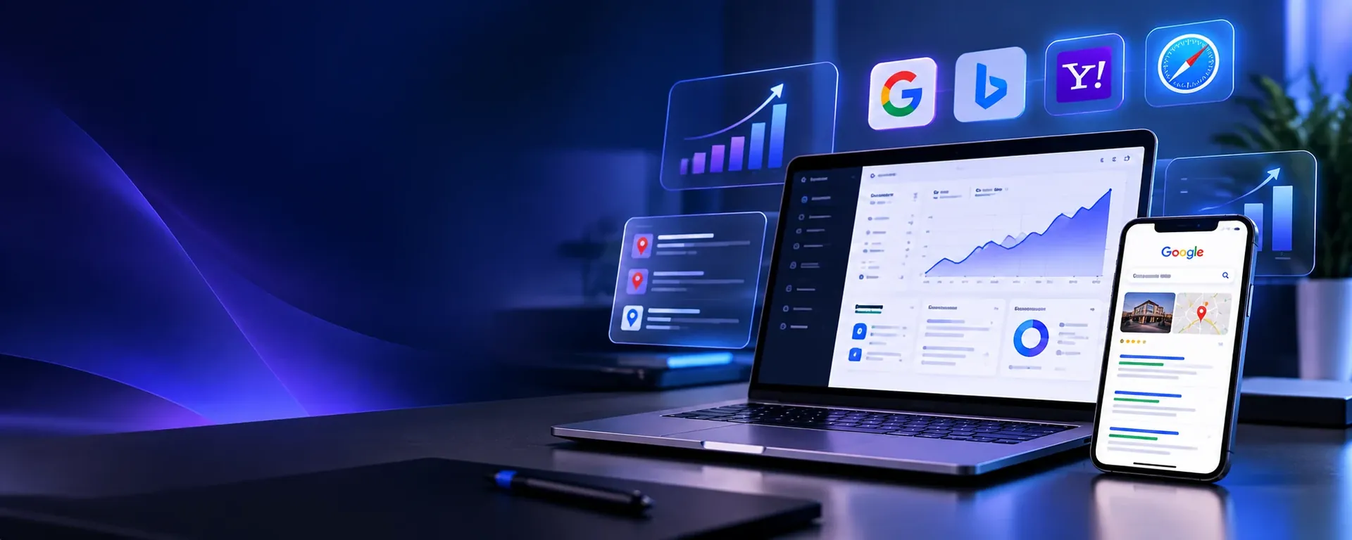 Tableau de bord de référencement avec Google, Bing, Yahoo et Safari sur ordinateur et cellulaire